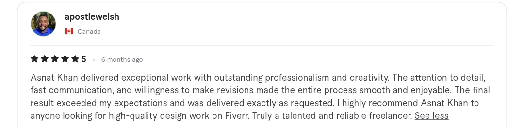 Verified Fiverr review from apostlewelsh rating Asnat Khan 5 stars: 'Asnat Khan delivered exceptional work with outstanding professionalism and creativity.'