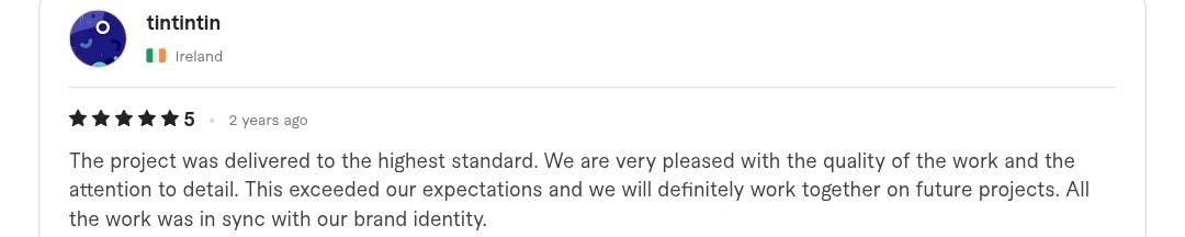 Verified Fiverr review from tintintin rating Asnat Khan 5 stars: 'The project was delivered to the highest standard. We are very pleased with the quality of the work.'